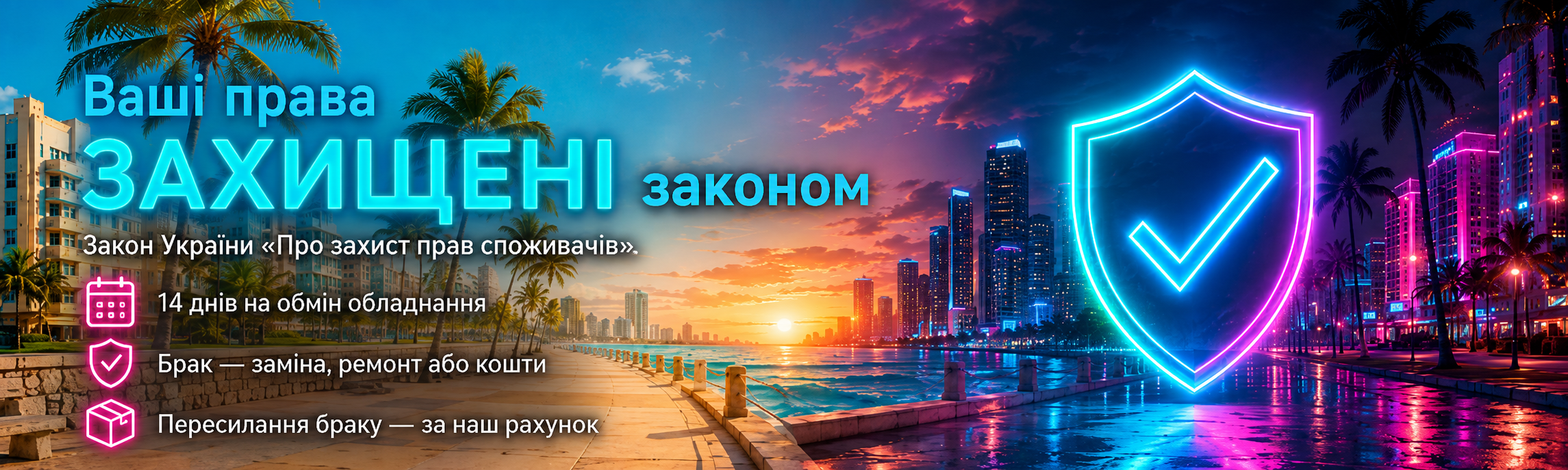 Ваші права захищені Законом України «Про захист прав споживачів» — 14 днів на обмін обладнання, брак: заміна, ремонт або повернення коштів, пересилання браку за наш рахунок