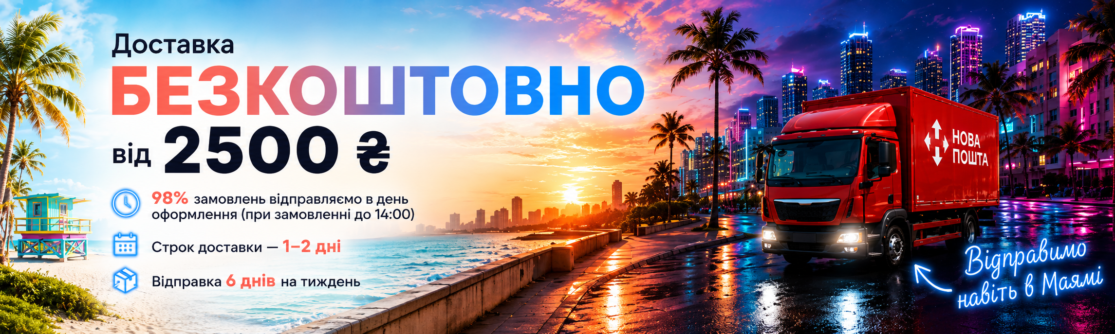 Безкоштовна доставка від 2 500 ₴ по всій Україні «Новою поштою» — 98% замовлень у день оформлення, строк доставки 1–2 дні, відправка 6 днів на тиждень