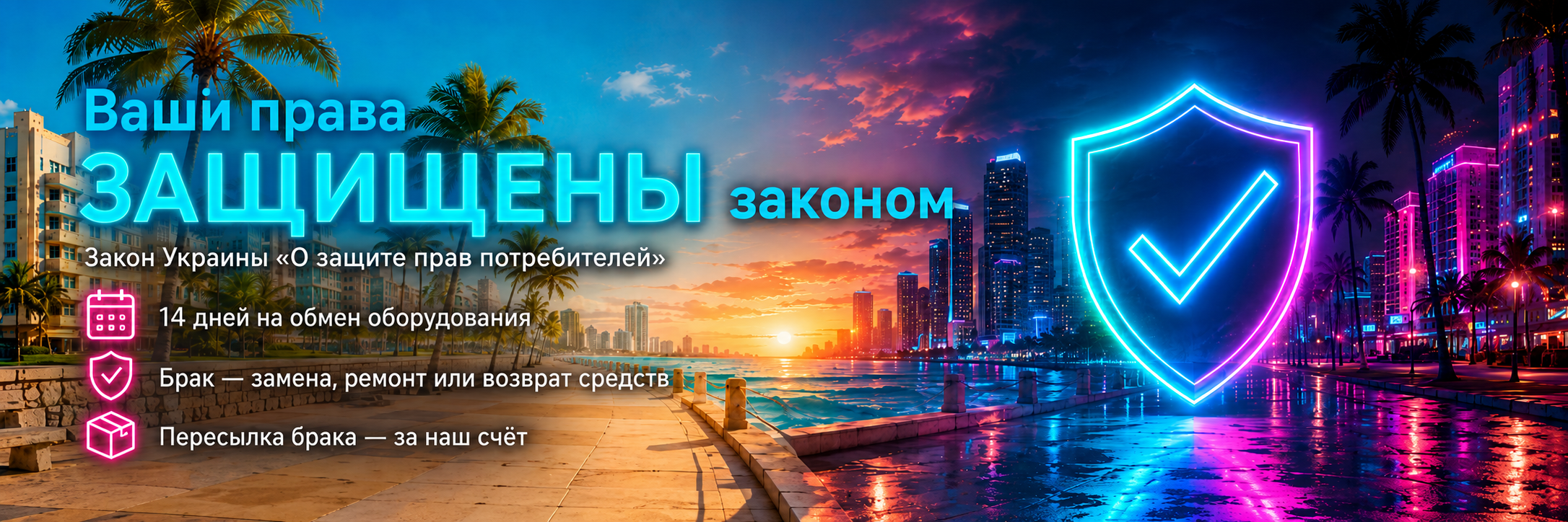 Ваши права защищены Законом Украины «О защите прав потребителей» — 14 дней на обмен оборудования, брак: замена, ремонт или возврат средств, пересылка брака за наш счёт